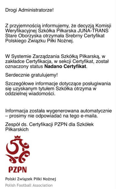 Po czterech latach pracy – srebrny certyfikat PZPN dla KS Junatrans